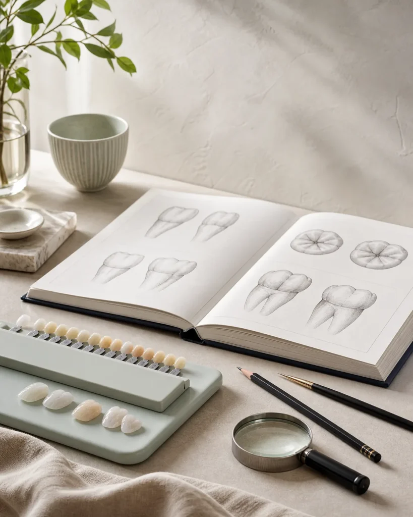 Illustrative learning workspace with anatomy sketches and material samples