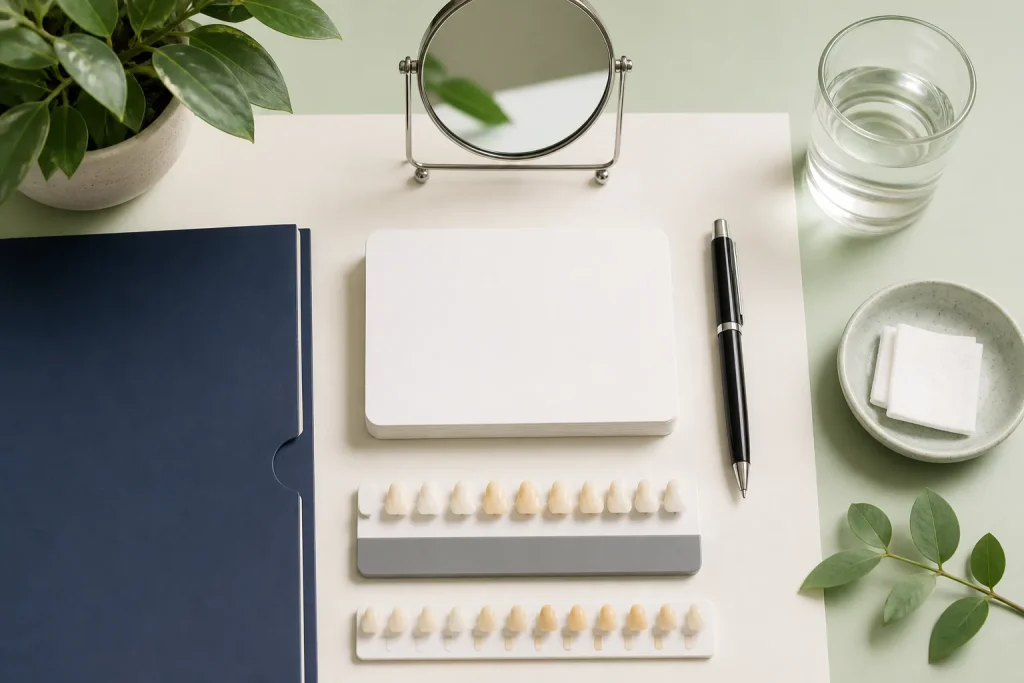 Illustrative blank note cards, mirror, folder, and shade tabs