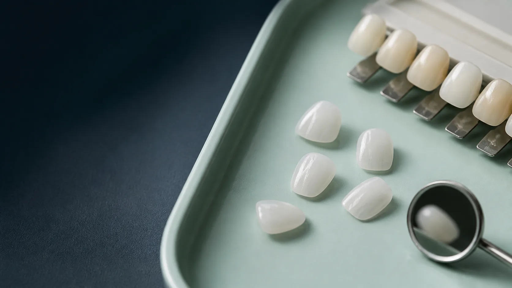 Illustrative dental facing shells, shade tabs, and mirror on a mint tray