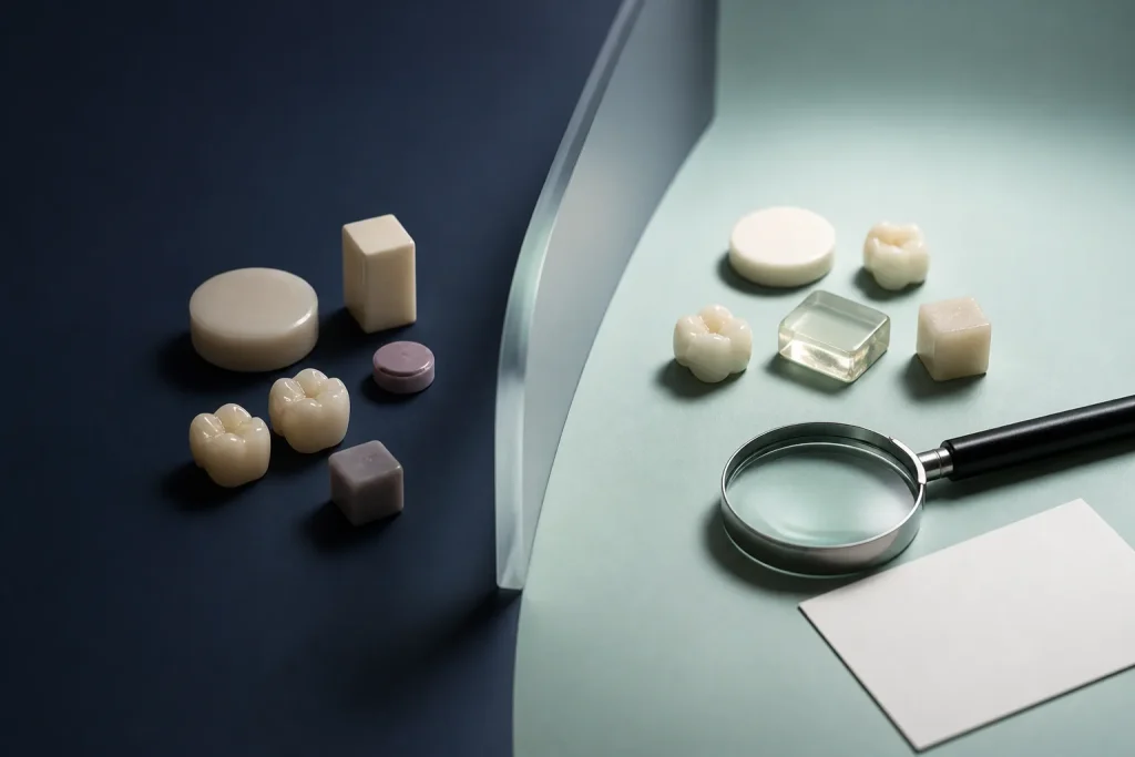 Illustrative material samples separated into two paths