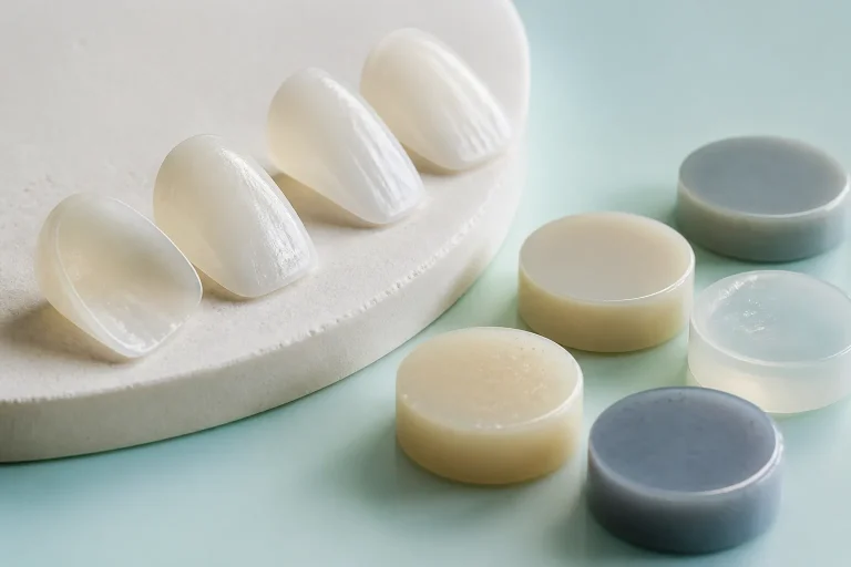Illustrative porcelain shells and material sample discs