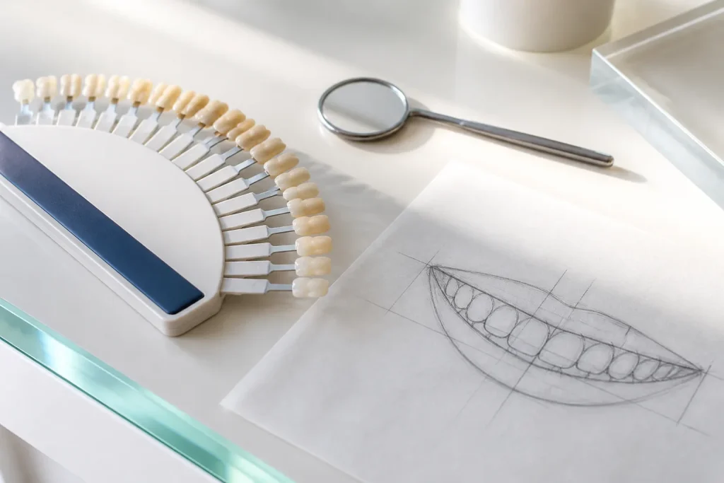 Illustrative shade guide, mirror, and smile sketch